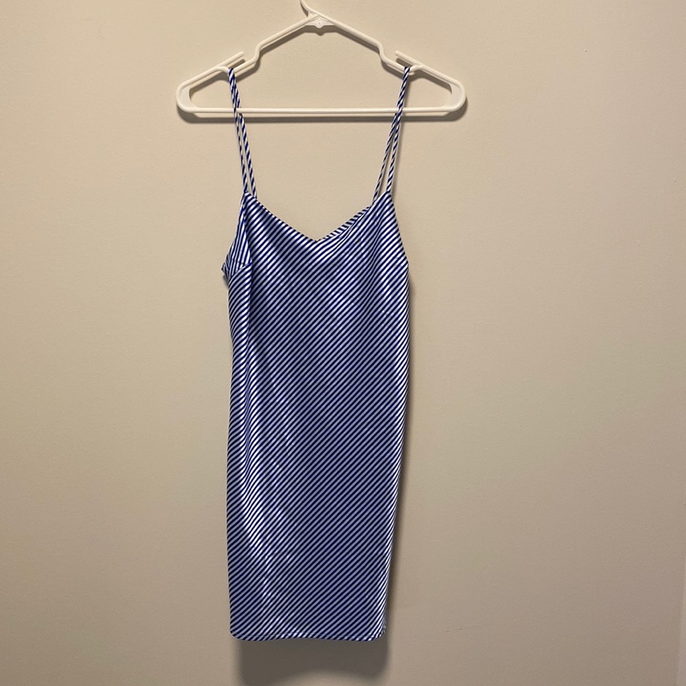 Satin like blue & white candy stripe mini dress